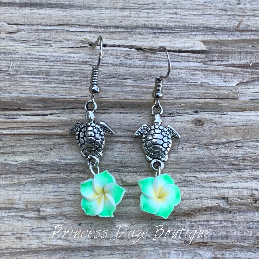 Green Hawaiian Flower Turtle Dangle Earrings
